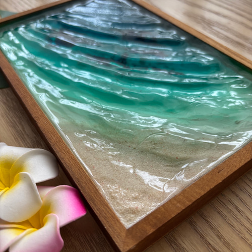 サンゴ礁のある海 レジン オーシャンアート 波紋砂紋 木製トレー 小物