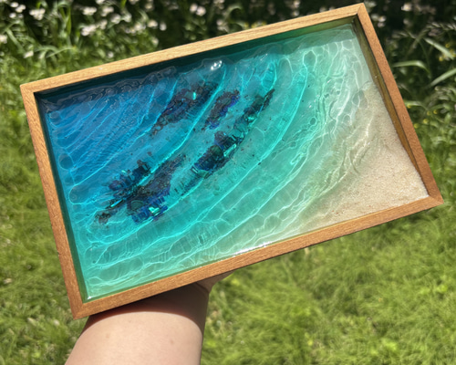 サンゴ礁のある海 レジン オーシャンアート 波紋砂紋 木製トレー