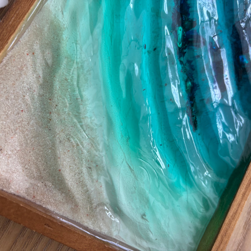 サンゴ礁のある海 レジン オーシャンアート 波紋砂紋 木製トレー 小物