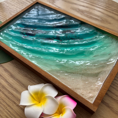 サンゴ礁のある海 レジン オーシャンアート 波紋砂紋 木製トレー 小物