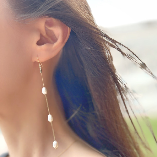 3連淡水パールピアス おしゃれ おとな チェーンピアス ロングピアス