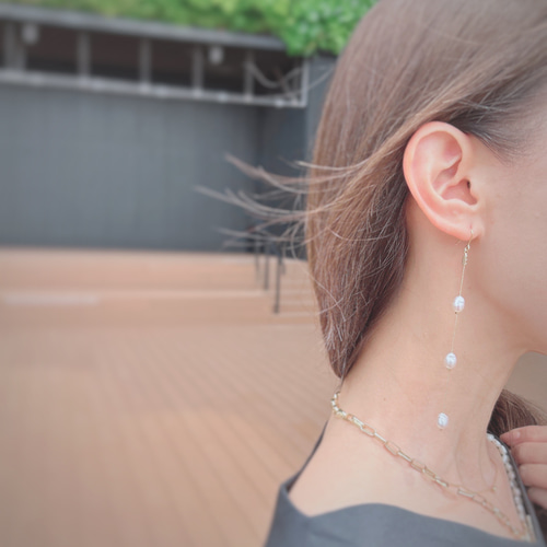 3連淡水パールピアス おしゃれ おとな チェーンピアス ロングピアス