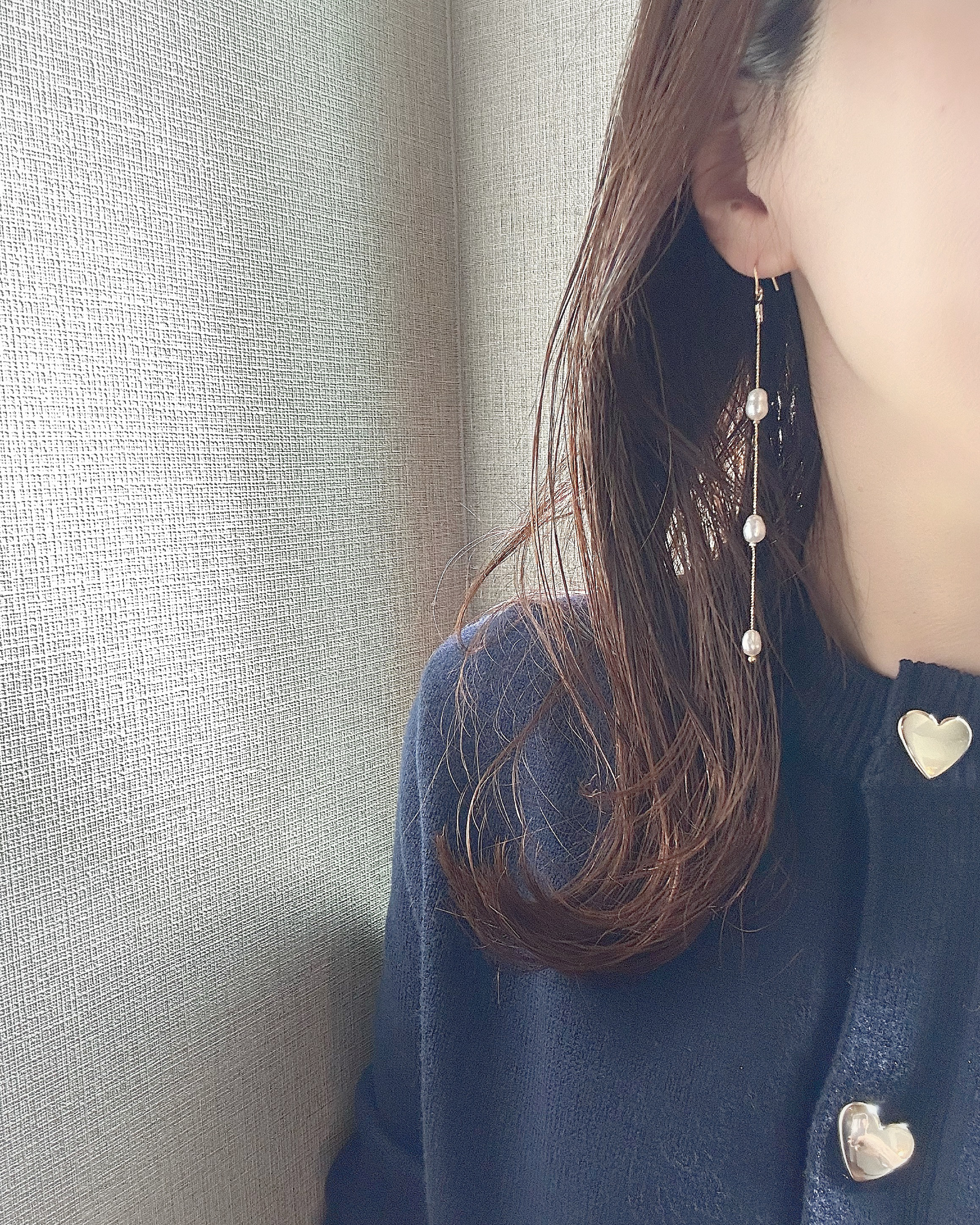 3連淡水パールピアス　おしゃれ　おとな　チェーンピアス　ロングピアス　ニッケルフリー　アレルギー対応