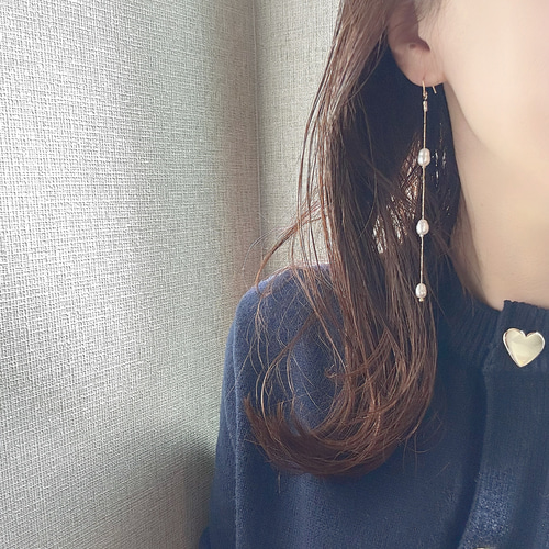 No.1130 ヴィンテージシルバーとコットンパール のチェーンロングピアス 3連淡水パールピアス おしゃれ おとな チェーンピアス ロングピアス