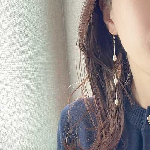 3連淡水パールピアス おしゃれ おとな チェーンピアス ロングピアス