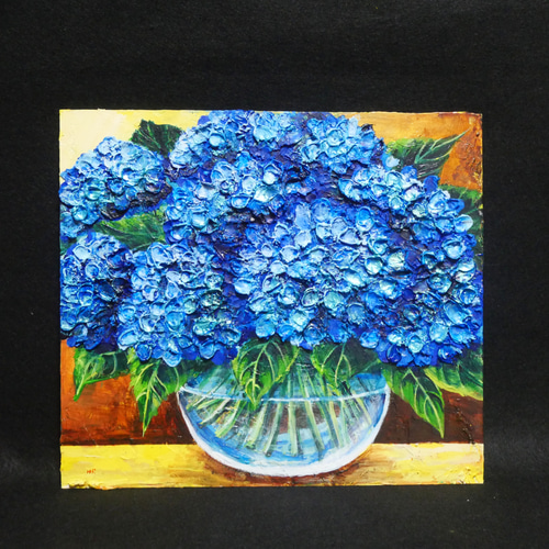 紫陽花　油絵　油彩　一点もの 油絵 油彩 油彩画 絵 絵画【青い紫陽花】 絵画 HR 通販