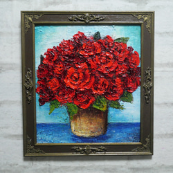 【真作】絵画　油彩0号　情熱の薔薇　鮮やかな赤の背景　箱入　V162 真作】絵画 油彩0号 情熱の薔薇 鮮やかな赤の背景 箱入 V162