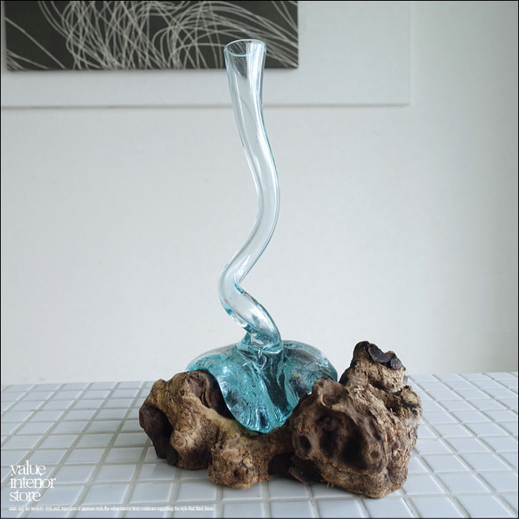 硝子フラワーベースTwis/04 花瓶 プリミティブガラスベース 手作り 一輪挿し 一点物 ハンドメイド 無垢材 1枚目の画像