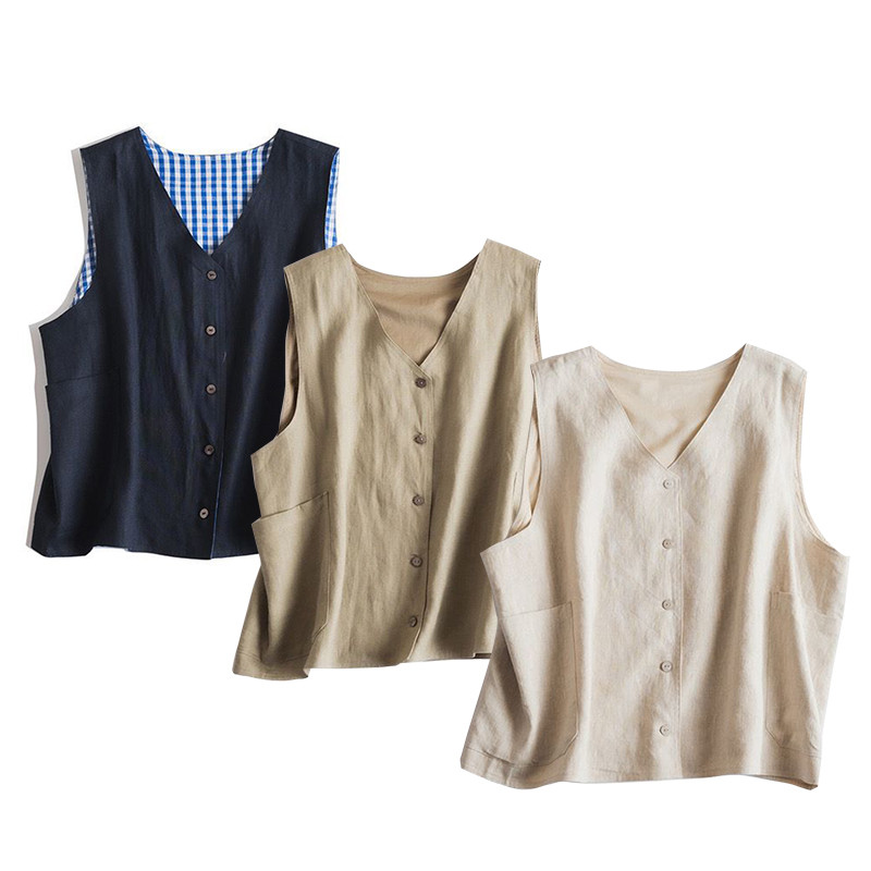 Vネックリネンベスト　裏地付きリネンベスト　着丈2種類　3色　L635