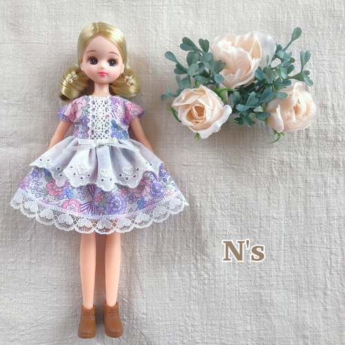 22cmドール用 パープルな花柄のレースワンピース リカちゃん その他