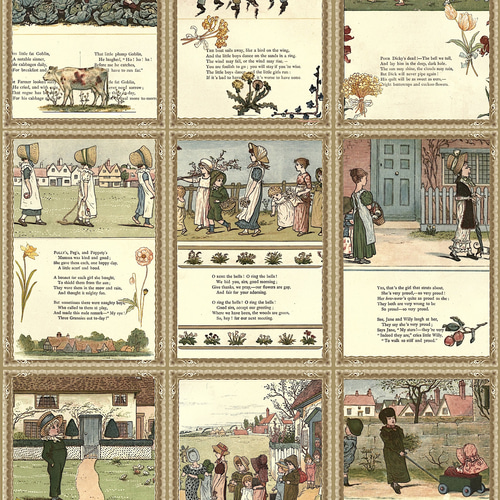 ケイトグリーナウェイの図案のレッド刺繍と生地のパッチワークキルト