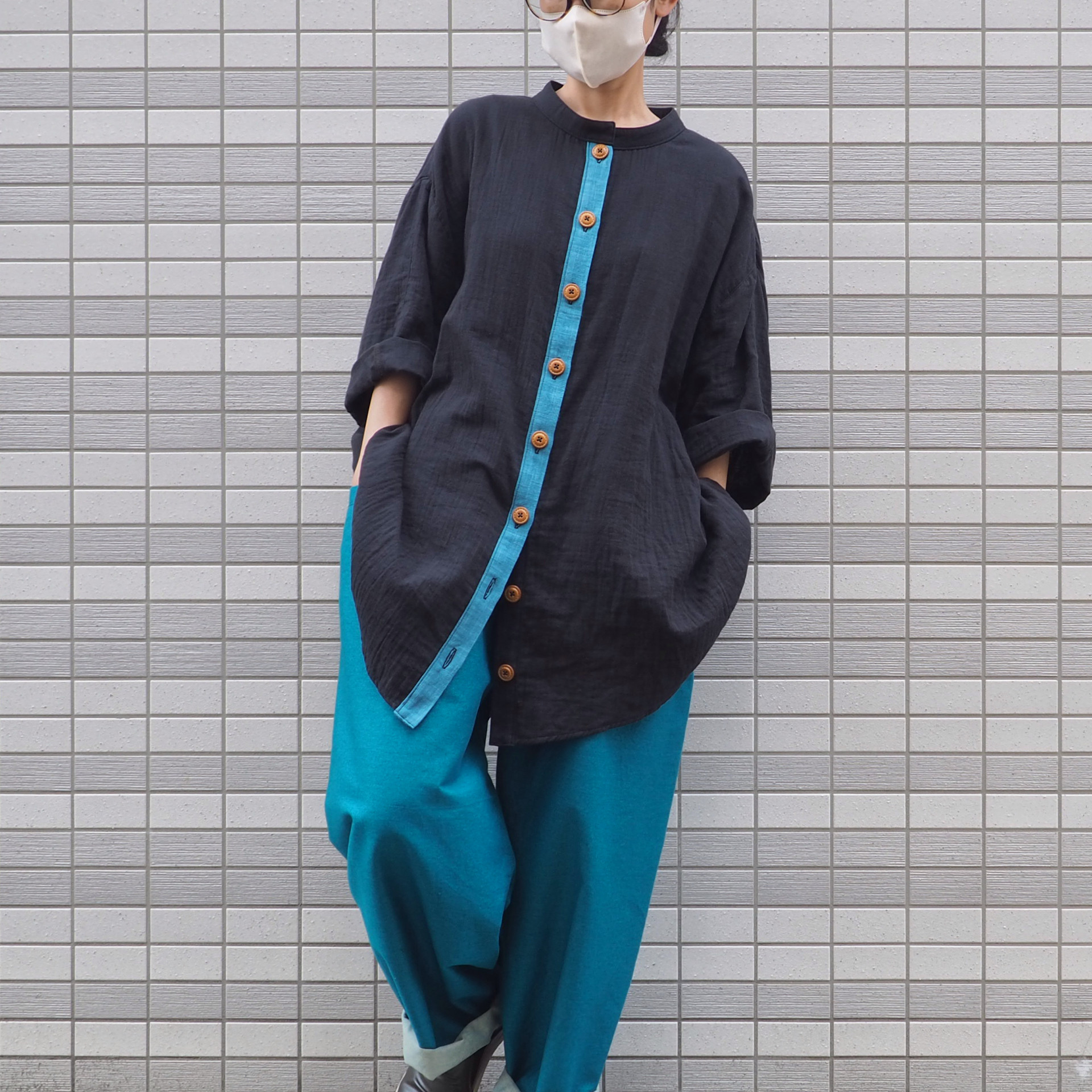 Karoビッグボタンシャツ（綿ダブルガーゼ ブラック）【受注生産対応】