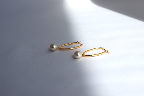 上質 あこや真珠 オーバルフープピアス K18 2way 軽量フープ ピアス
