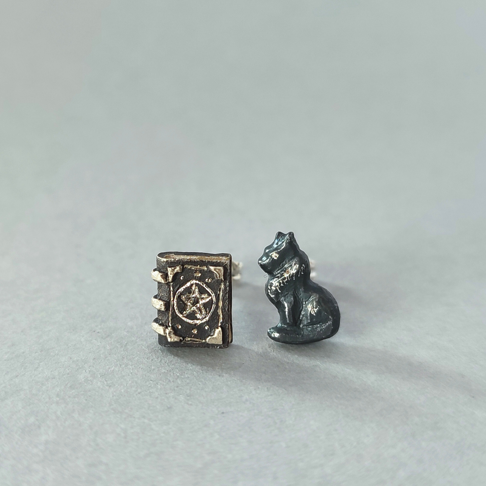 【受注制作】金属アレルギー対応/黒猫/魔導書/スタッドピアス/ピアス/イヤリング/本/猫/魔女/魔法使い/ファンタジー