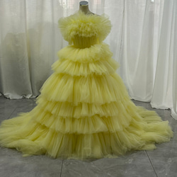 送料無料！カラードレス イエロー ティアードのドレス 編み上げ ベア