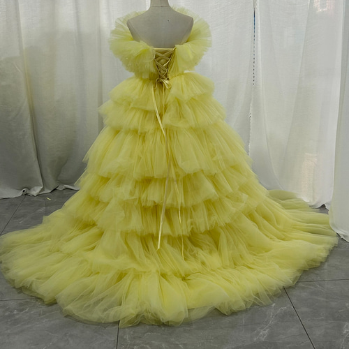 送料無料！カラードレス イエロー ティアードのドレス 編み上げ ベア
