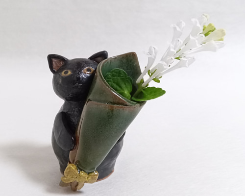 黒猫の一輪挿し 陶器 揚枝入れ 花器 花瓶 クロネコ 一輪挿し・花瓶