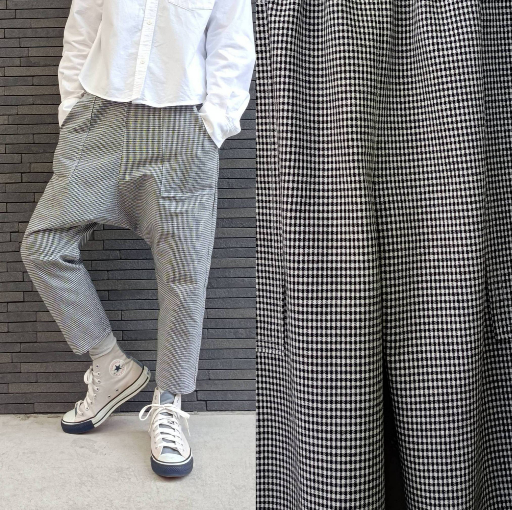 コットン チェックサルエルパンツ 黒 × 白 ロングパンツ