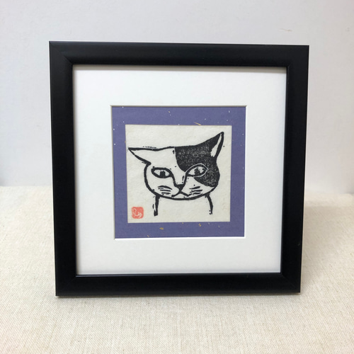 ねこ顔-黒ぶちちゃん 手摺り木版画 版画 nekoten 通販 19344126