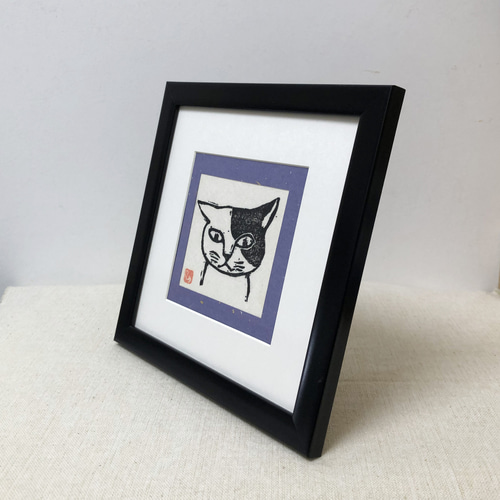 ねこ顔-黒ぶちちゃん 手摺り木版画 版画 nekoten 通販 19344126