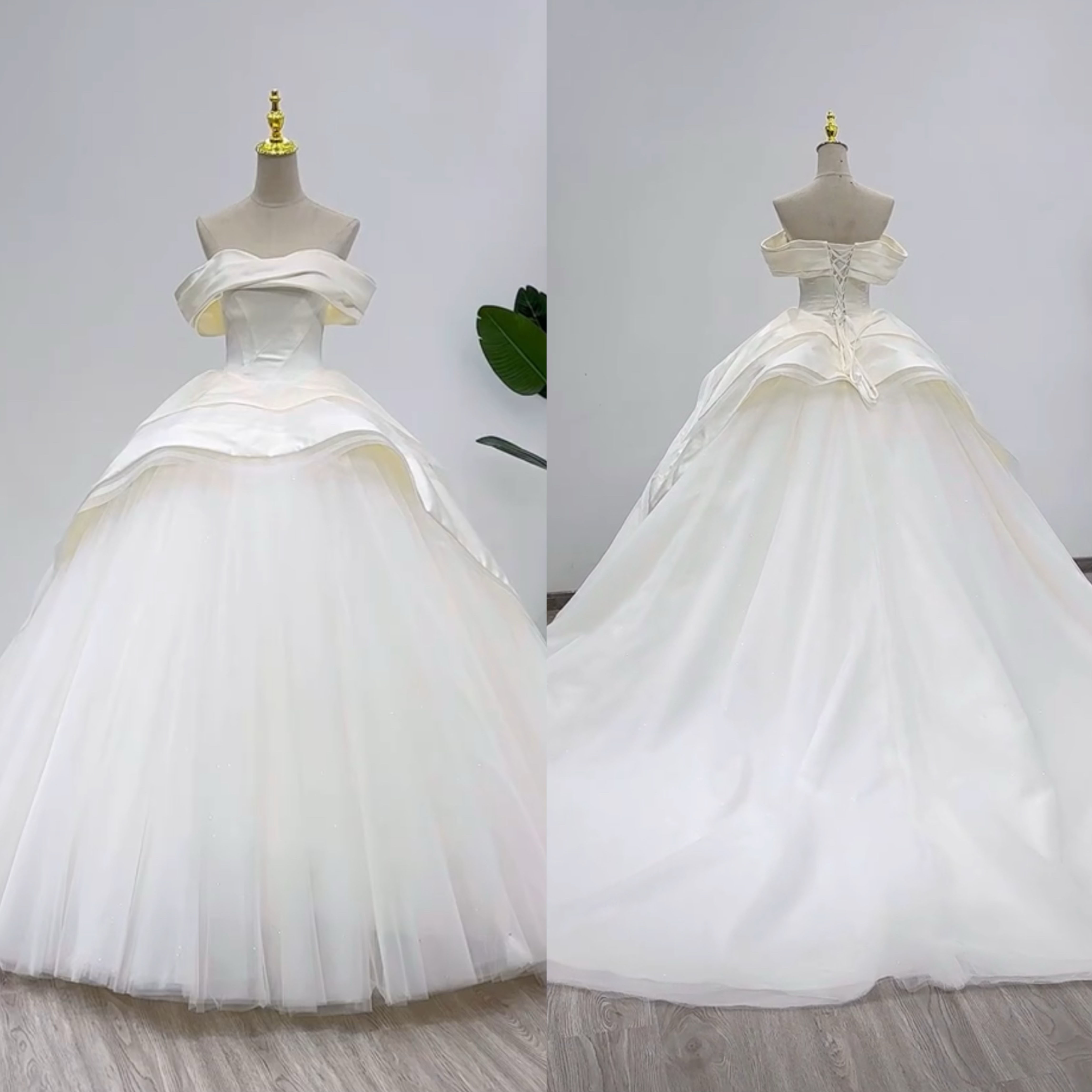 美品アシメドレス二の腕カバー　ビスチェライン　サテン　チュール　白　トレーン　プリンセス　ギャザースカート　ウェディング