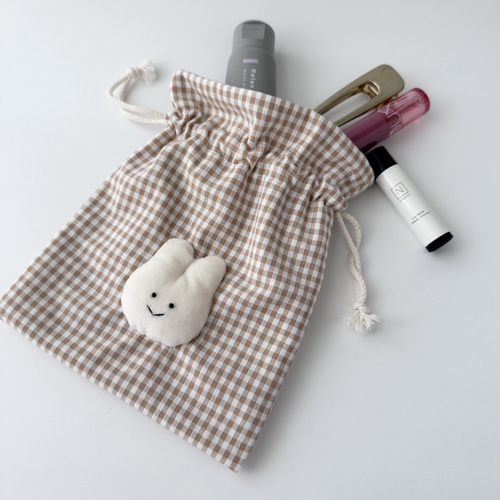 うさぎのぬいぐるみ付き巾着ポーチ ギンガムチェック チェック柄