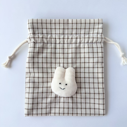 うさぎのぬいぐるみ付き巾着ポーチ ギンガムチェック チェック柄