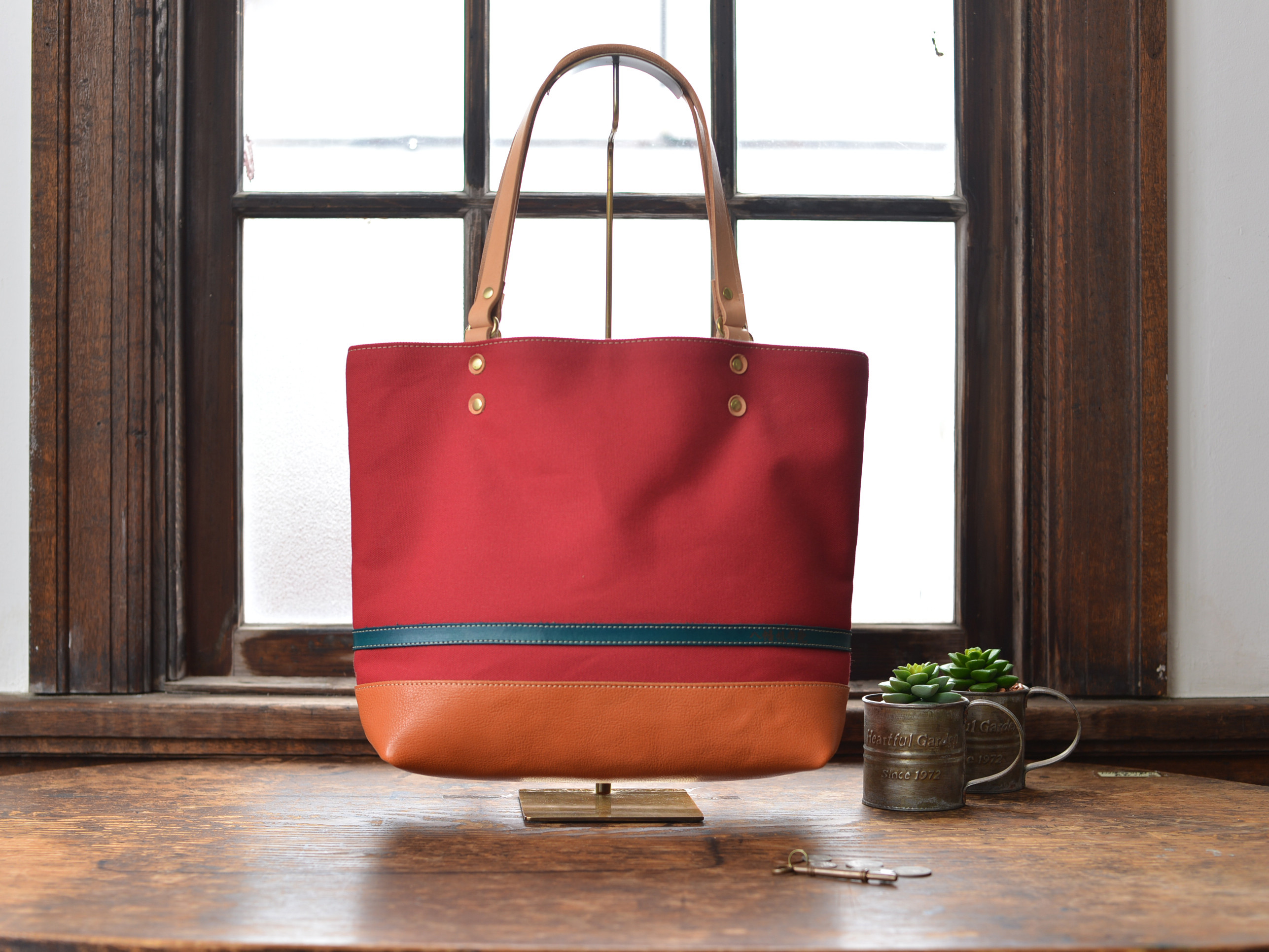 【八幡帆布鞄】革と高島産帆布で作ったトートバッグ レッド　Lサイズ