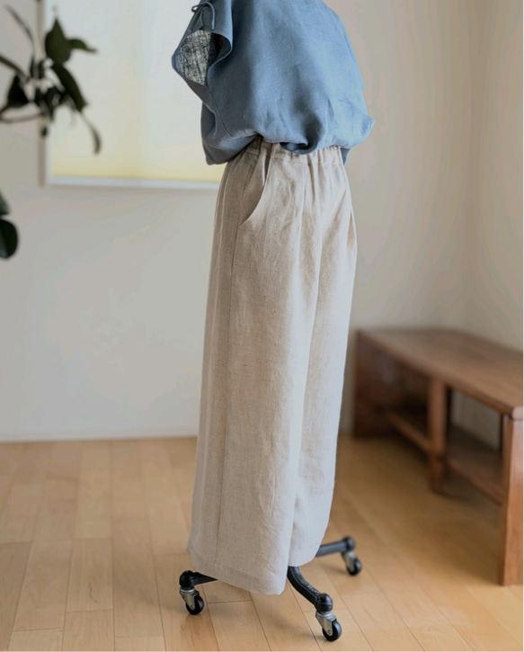 ✽脚長美脚に見えるハイウエスト綺麗目ワイドパンツ✽フレンチリネン✽生成り✽ 4枚目の画像