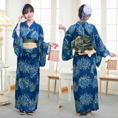新品未使用♡二部式浴衣♡紺色花火柄♡セパレート浴衣♡ホワイト帯付き 翌日発送 二部式浴衣&しわ兵児帯セット 上下セット 巻きタイプ
