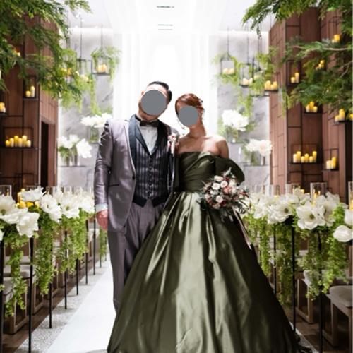 ⭐︎美品⭐︎オフショルダーオリーブグリーンドレス 実例写真！人気上昇！カラードレス オリーブグリーン オフショルダー