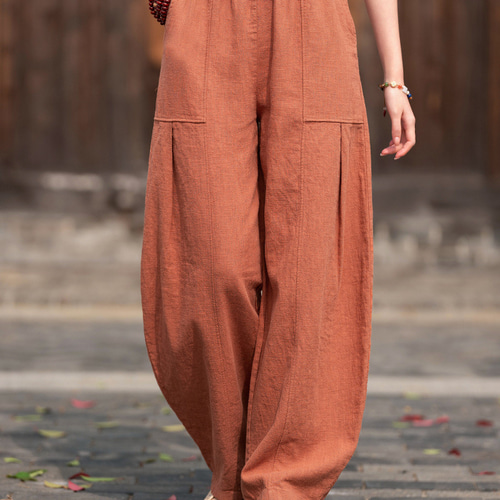ラミー麻ロングパンツ 苎麻ウエストバンドワイドパンツ #赤橙色 ロング