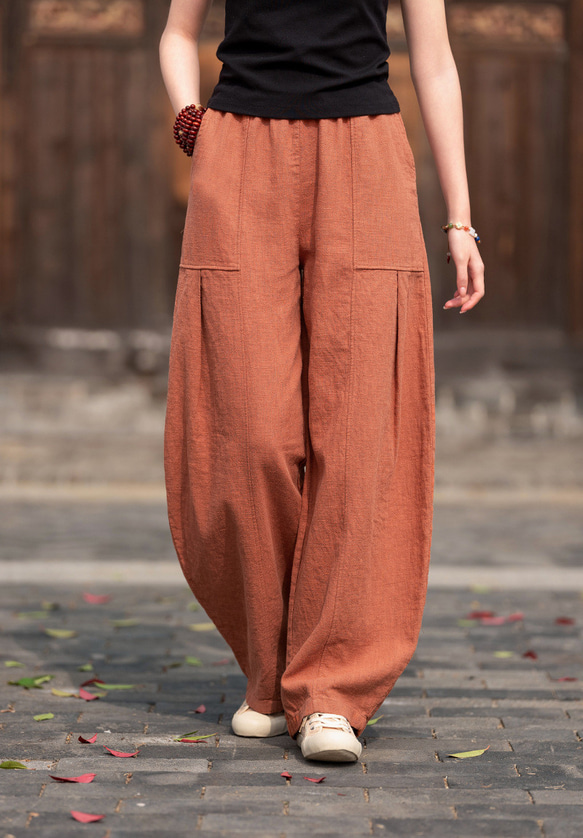 ラミー麻ロングパンツ 苎麻ウエストバンドワイドパンツ #赤橙色 ロング