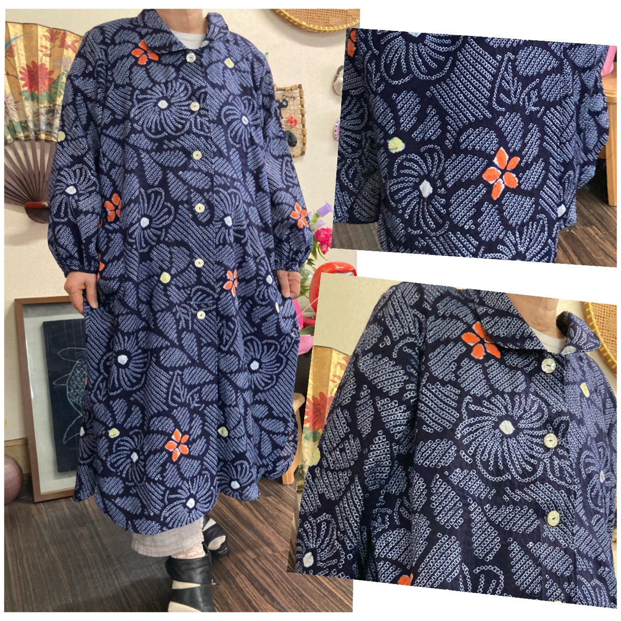 国産品 有松絞り(新品)の前開きワンピースコート 着物リメイク ワンピース
