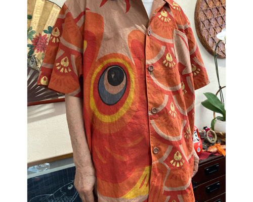 古い鯉のぼり 手描き染め 木綿100% 柿渋染めリメイク 古布 古い