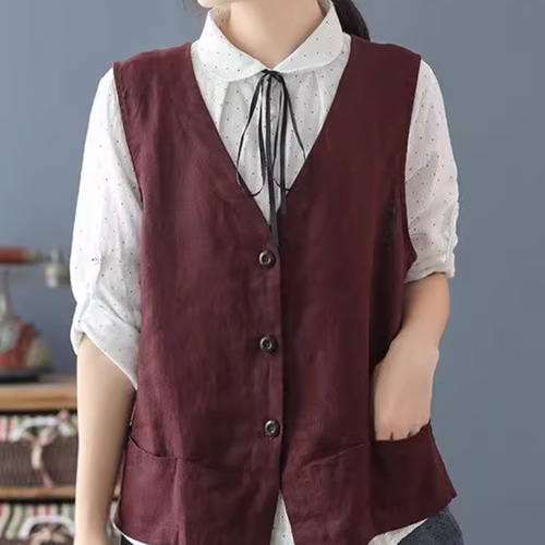 春夏物　TRUBE オシャレデザイン　綿麻ベスト　ゆったりサイズ 春夏物TRUBE オシャレデザイン綿麻ベストゆったりサイズ