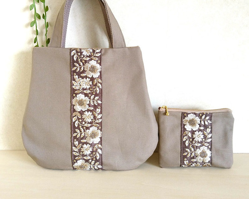 インド刺繍生地　帆布　トートバック　ファスナー　横マチ込37×縦23×マチ13㎝ 37a9ace92a5a52683da9fc317e52b8