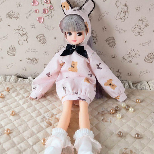 ✻花うさぎ✻ぷくぷく ドールアウトフィット ドール服 リカちゃん 27cmドール うさみみ ゆるパーカー（くま