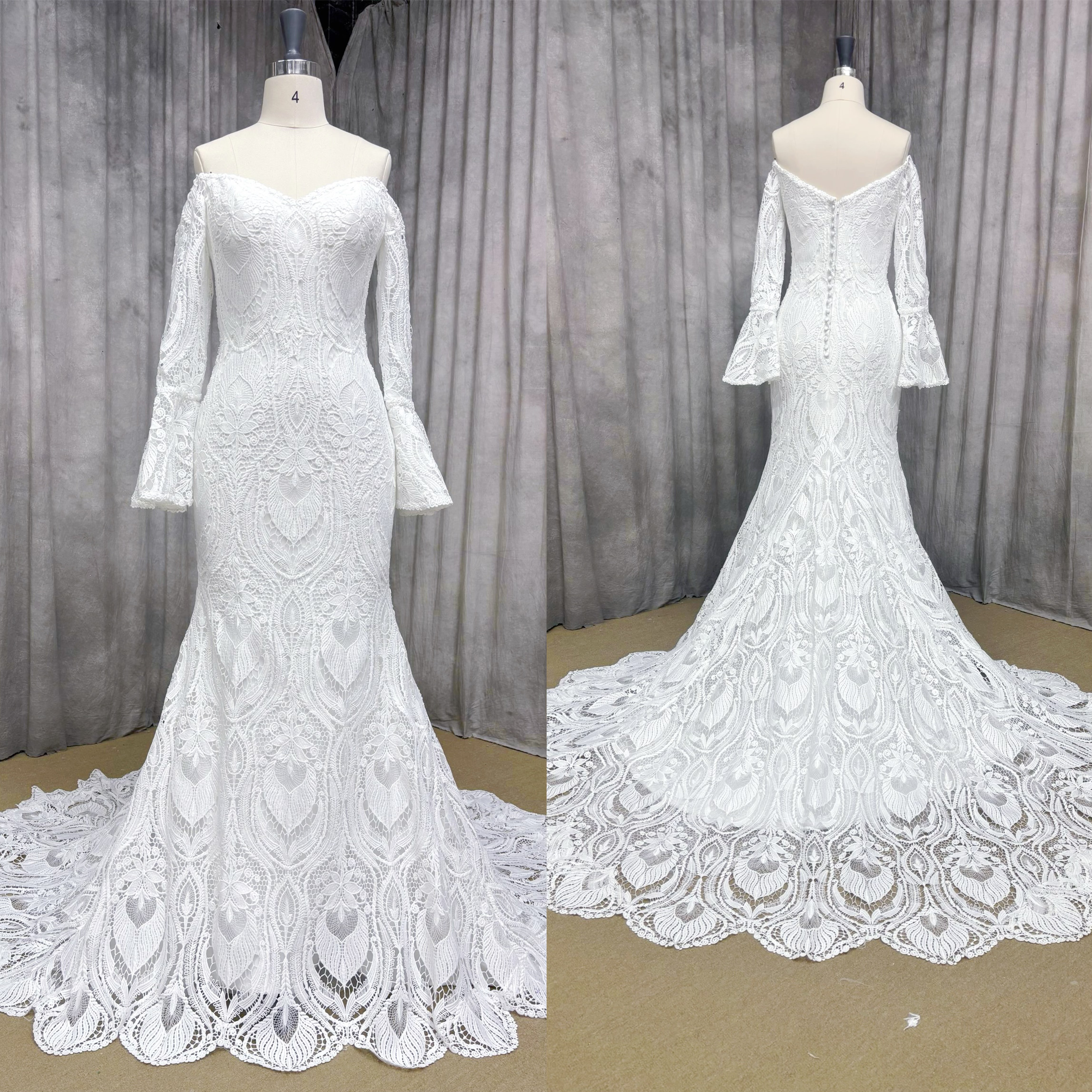 「繊細レース×マーメイドライン」優美な大人花嫁ドレス／長袖／スレンダーライン