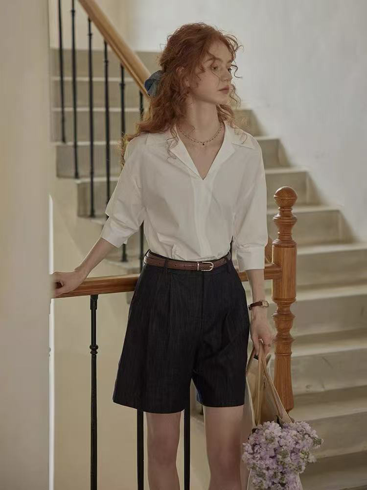 開襟シャツ　7分袖シャツブラウス　コットン100％