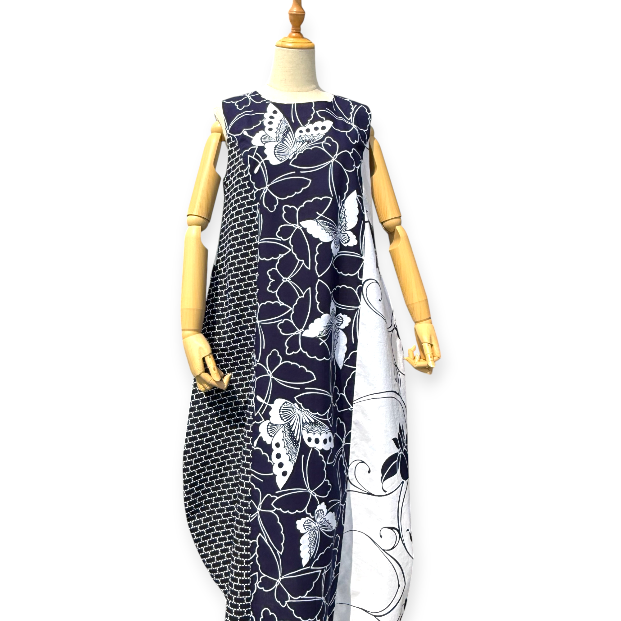 ゆかた ワンピース バルーン パッチワーク Aライン マキシ丈 きれいめ 着痩せ M 浴衣 新品 着画 リメイク
