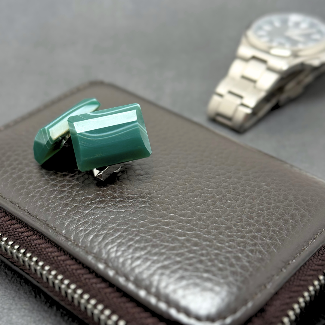 ラス1 アウトレット 碧のゆらぎ クリソプレーズ/緑玉髄  RHP 天然石カフスボタン - 碧波