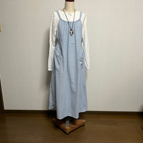 値下げ エプロン ワンピース 水色ストライプ 着丈120cm お買い物も