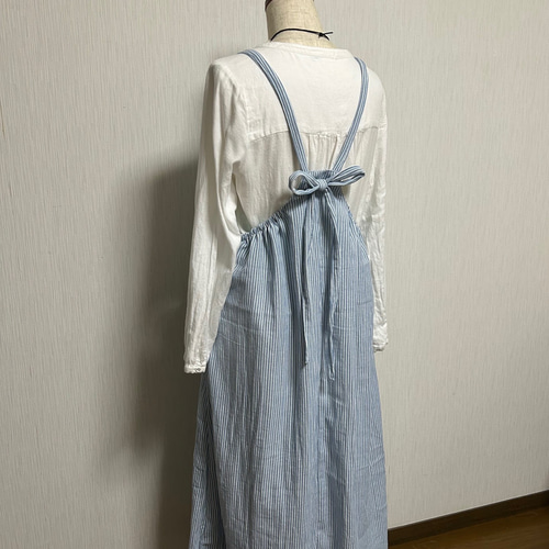 値下げ エプロン ワンピース 水色ストライプ 着丈120cm お買い物も