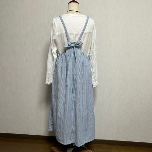 値下げ エプロン ワンピース 水色ストライプ 着丈120cm お買い物も