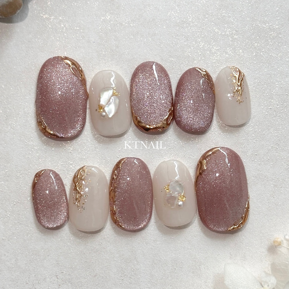 くすみピンクマグネットネイル/ミラーネイル/ブライダルネイル