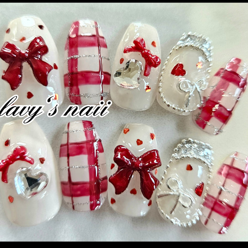 ネイルチップ フレンチガーリー ハートホロ リボン ガーリーネイル
