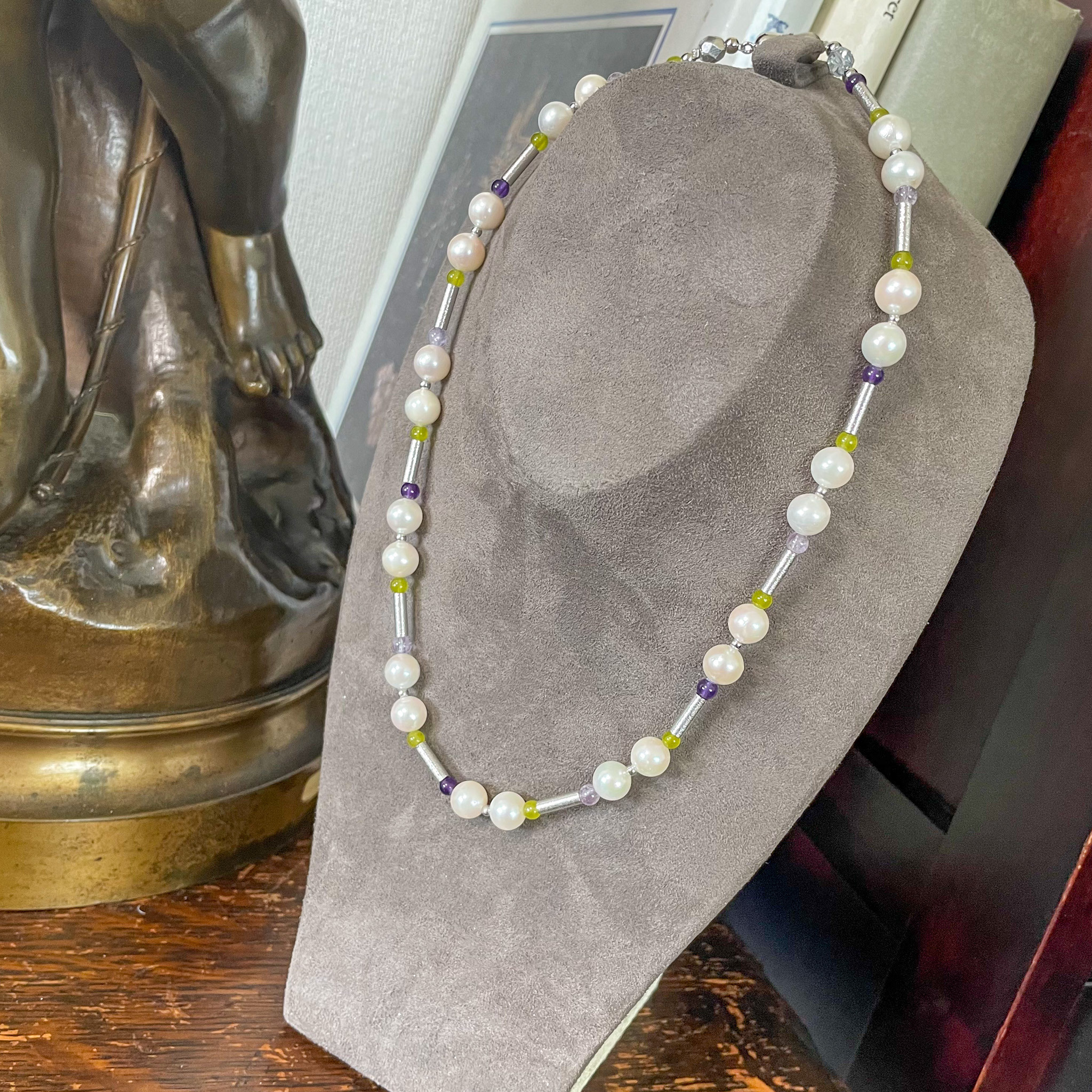 あこや真珠×アメジスト×オリーブジェイドのネックレス