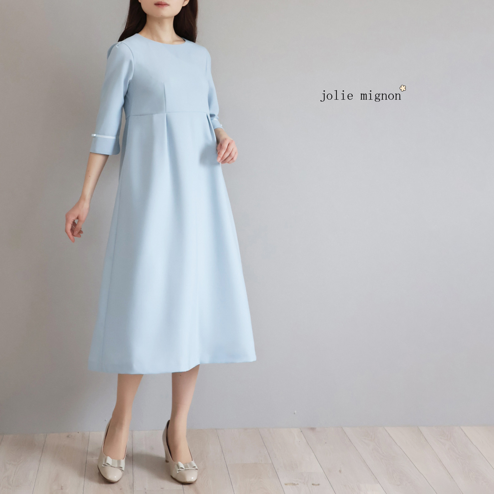 【一枚できちんと見え！】グログランリボン付き ハイウエスト切り替えワンピース【サックス】 27,804円