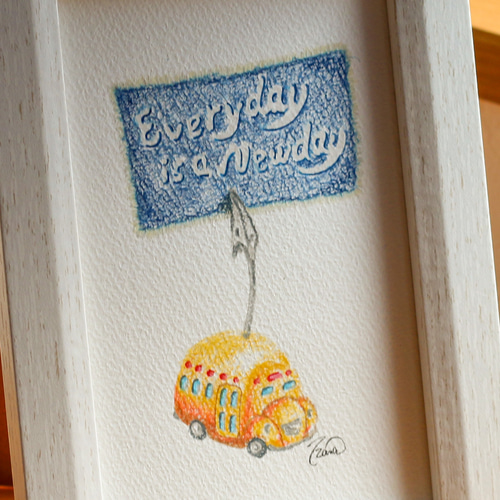 ハガキサイズ ほのぼの癒しのオリジナル手描き色鉛筆画 毎日が新しい日